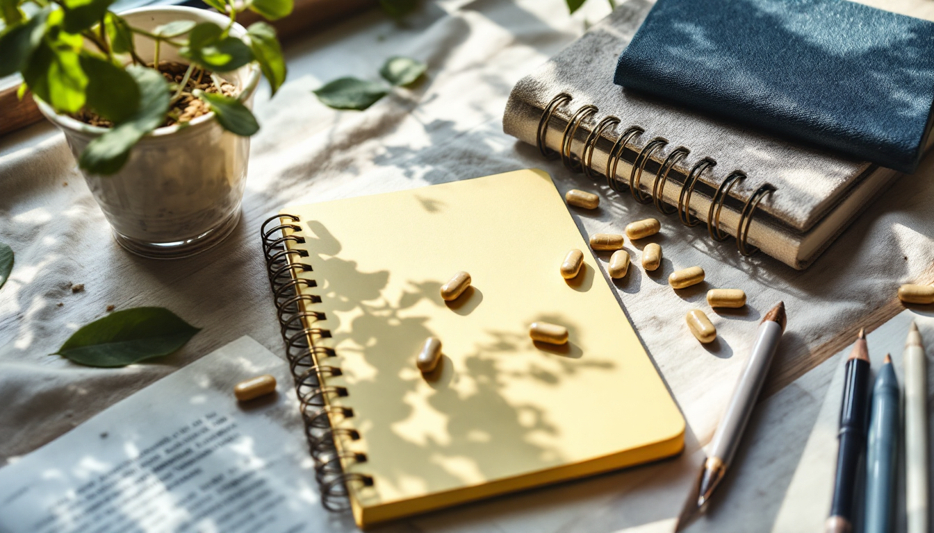 A bottle of LotusHerb MindClarity on a tidy desk beside a small potted plant and an open notebook.